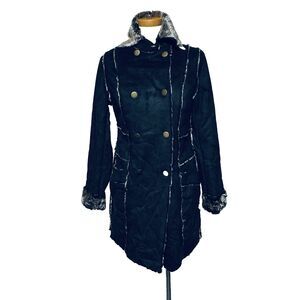 Venus Faux Fur Lined Knee Length Black Double-Breasted Coat Women's size 6 NWOT